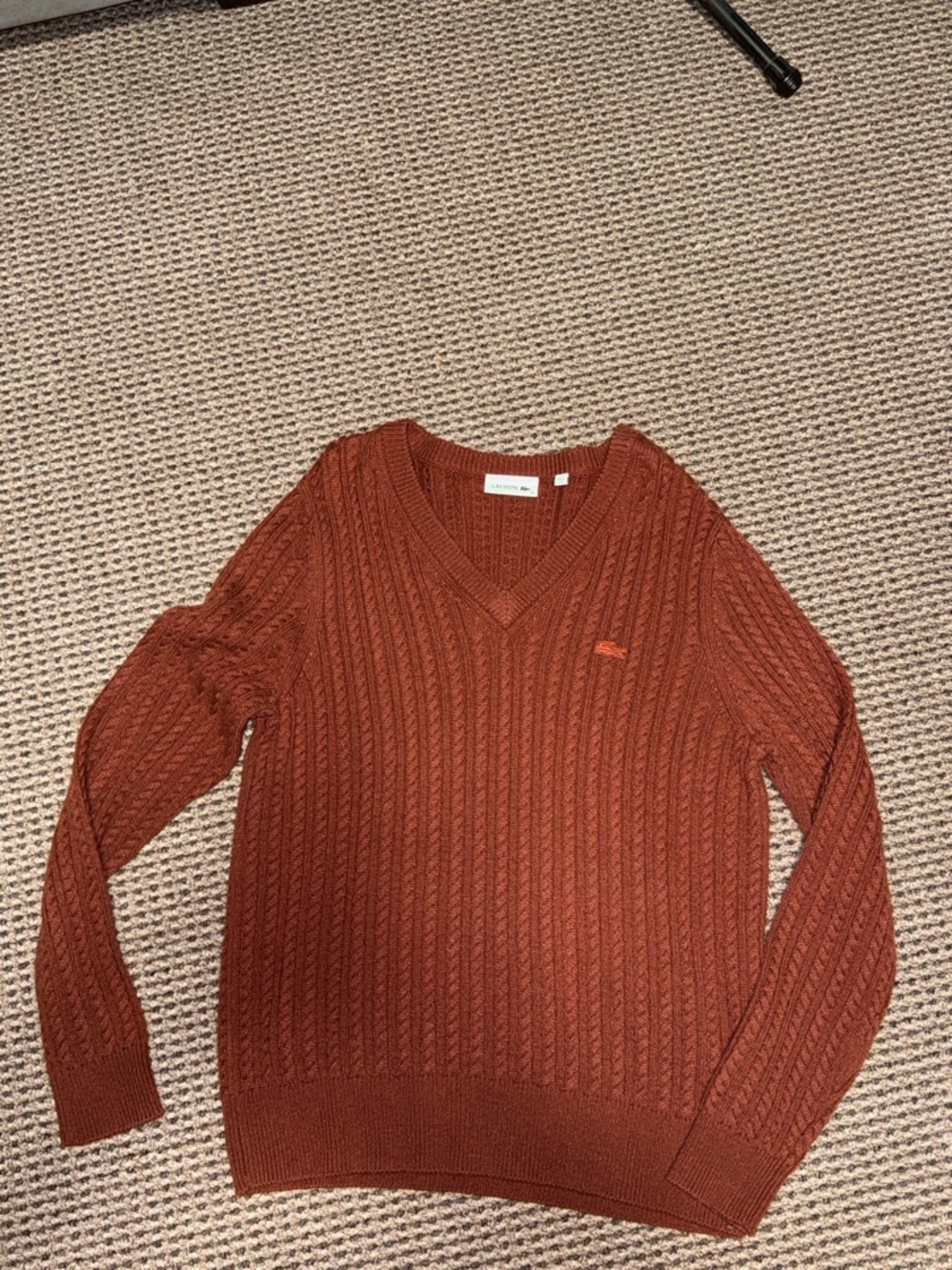 Lacoste Cable-Knit V-Neck Sweater in Rust Orange